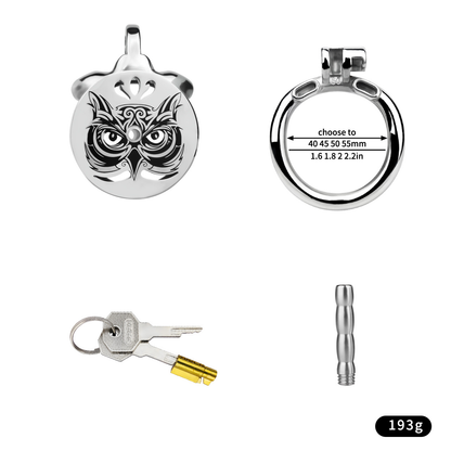 Midnight Owl Flat Stainless Steel Chastity Cage with Removable Urethral Catheter