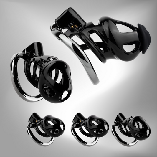 Black Cobra Resin Chastity Cage with 4 Aluminum Alloy Base Rings Lightweight Comfy Cock Lock