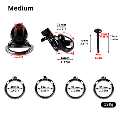 Black Cobra Resin Chastity Cage with 4 Aluminum Alloy Base Rings Lightweight Comfy Cock Lock