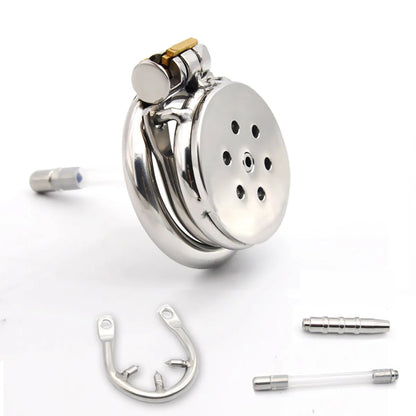 Flat Chastity Cage with Catheter and Spiked Ring - KeepMeLocked