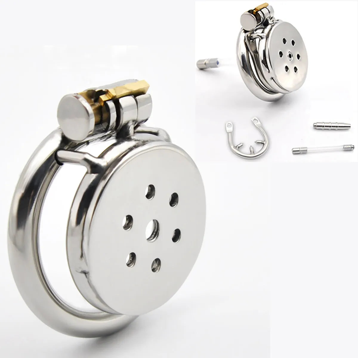 Small Metal Flat Chastity Cage with Detachable Urethral Catheter and ...