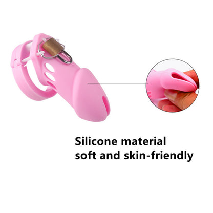 Soft Silicone Chastity Cage Set with 5 Penis Rings - Pink - KeepMeLocked