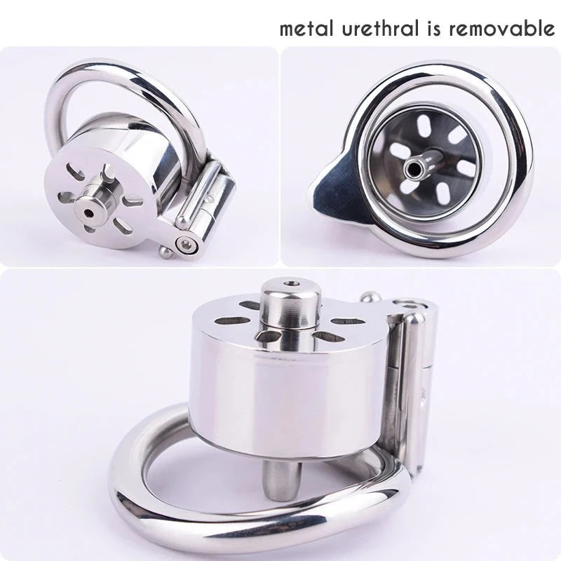 Wrapped Flat Chastity Cage with Metal Urethral Catheter and PU Belt - KeepMeLocked