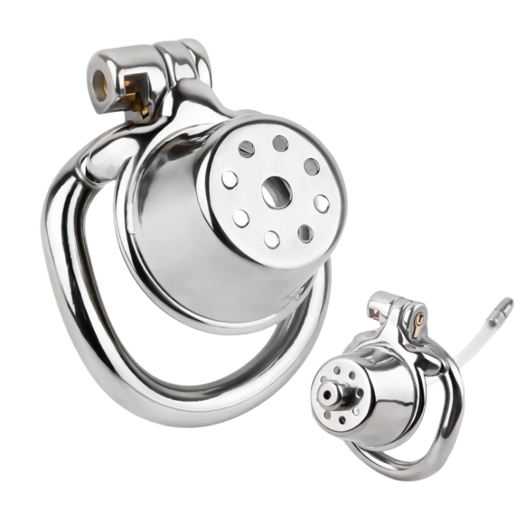 Stainless Steel Showerhead Chastity Cage with Silicone Urethral Catheter