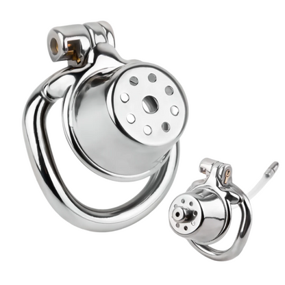 Stainless Steel Showerhead Chastity Cage with Silicone Urethral Catheter