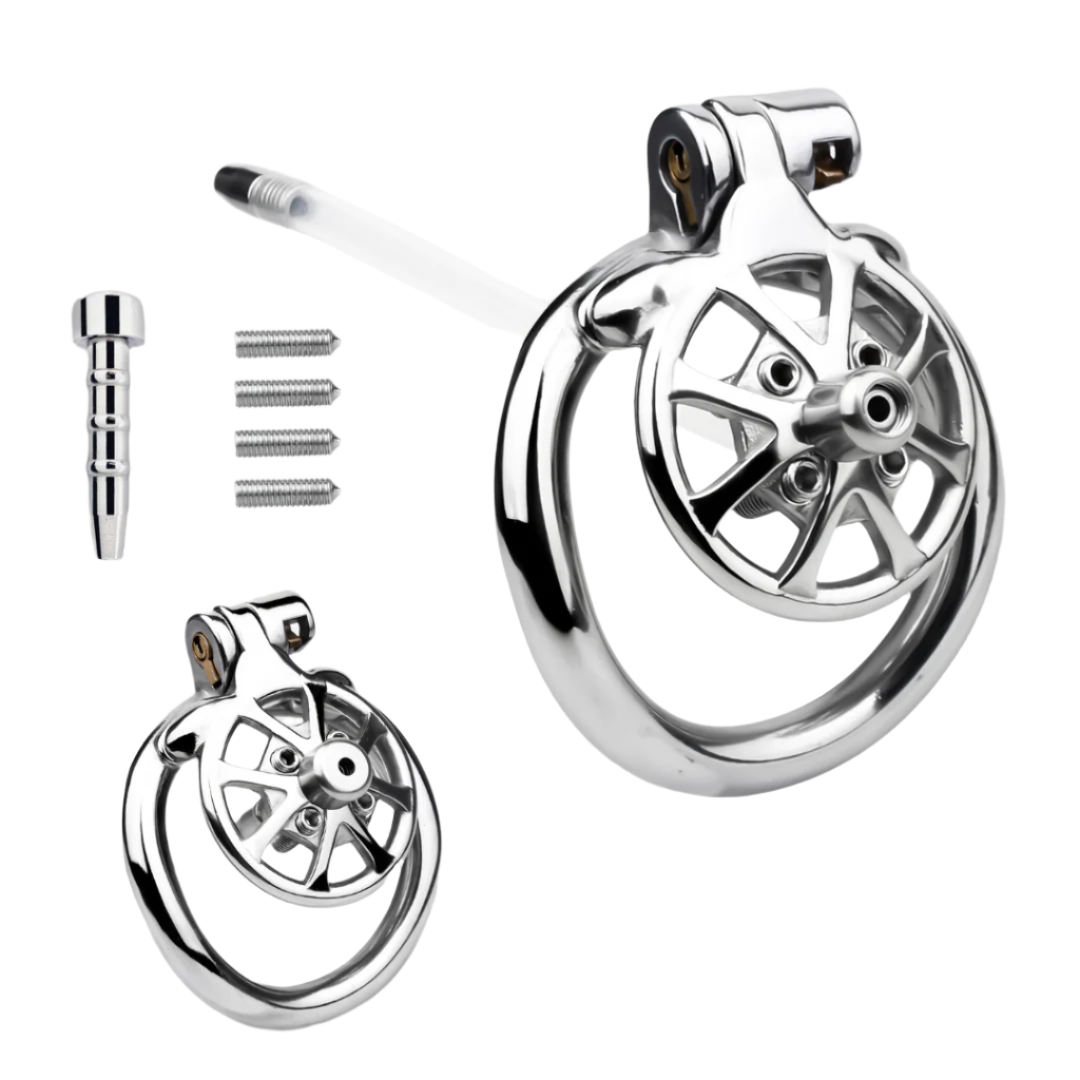 Versatile Flat Chastity Cage with Removable Spikes and Silicone/Metal Catheter Anti-Cheating Device