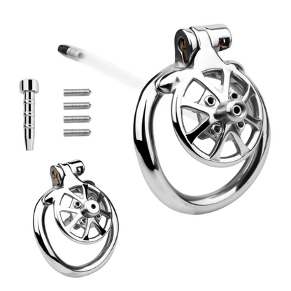 Versatile Flat Chastity Cage with Removable Spikes and Silicone/Metal Catheter Anti-Cheating Device