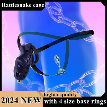 black cobra cock cage with urethral tube and anal plug