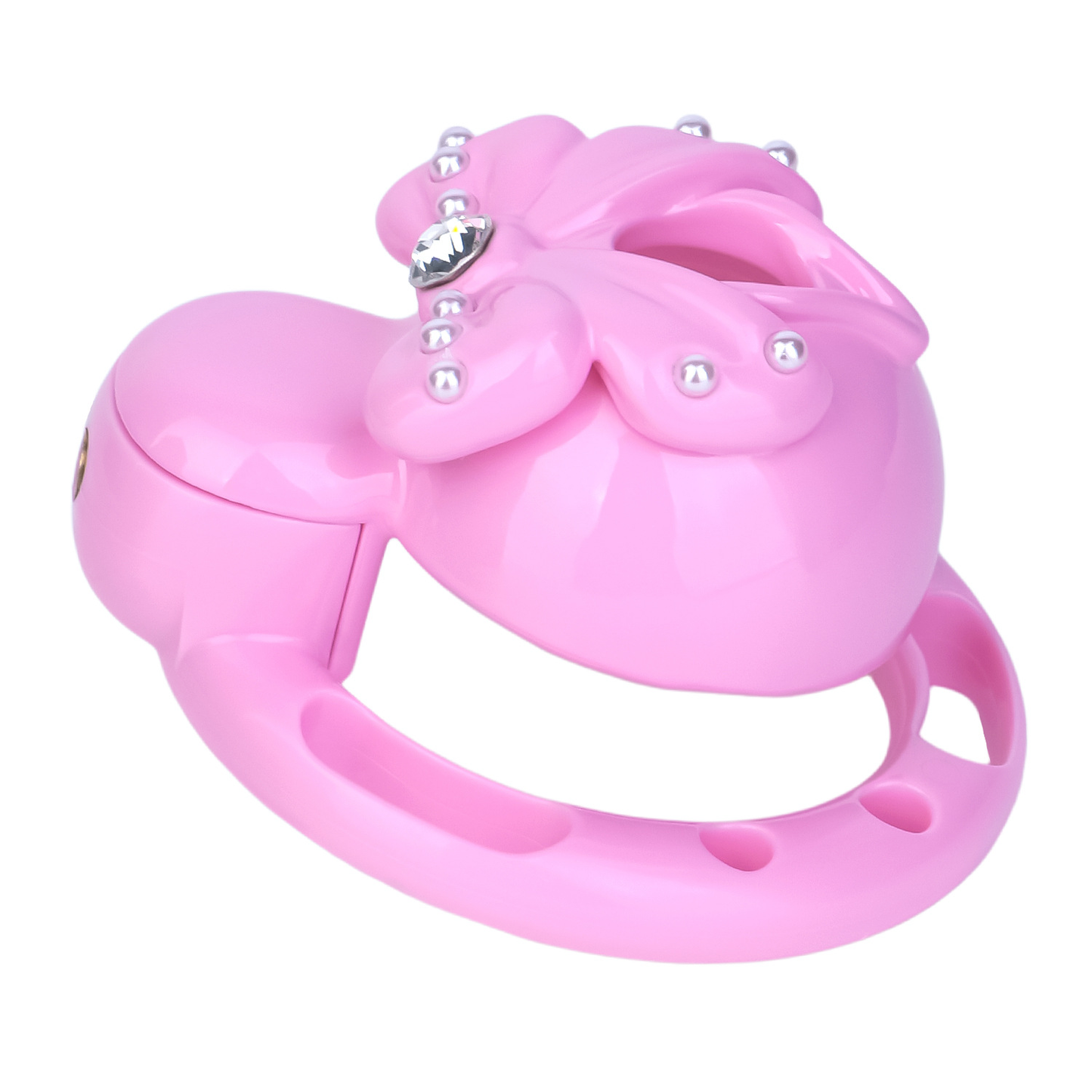 Pink Sissy Bowtie Chastity Cage Small Compact Cute Cockcage with Rhinestones and Breathable Base Rings