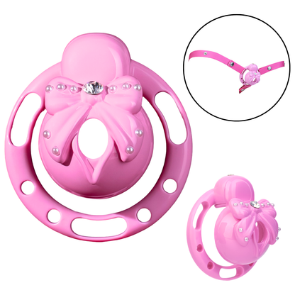 Abschließbarer pinkfarbener Sissy-Käfig mit stilvoller Fliege