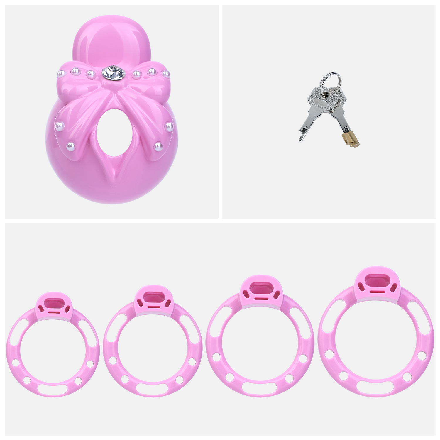 Pink Sissy Bowtie Chastity Cage Small Compact Cute Cockcage with Rhinestones and Breathable Base Rings