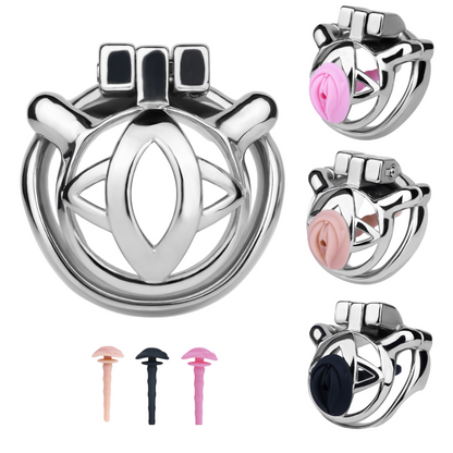 Micro Metal Chastity Cage with Easy-Pee Hole and Silicone Pussy Catheter