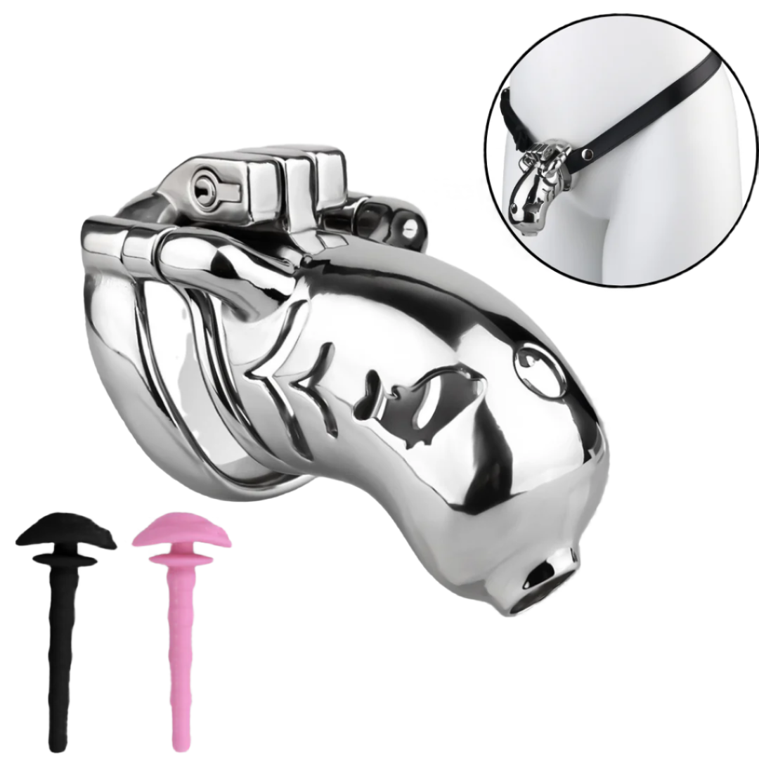 Metal Fishmouth Chastity Cage with Anti-Drop Ring and Realistic Pussy Pee Tube