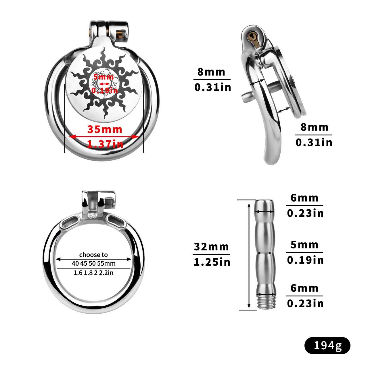 Inferno Flat Steel Chastity Cage with Removable Catheter Tube and PU Strap