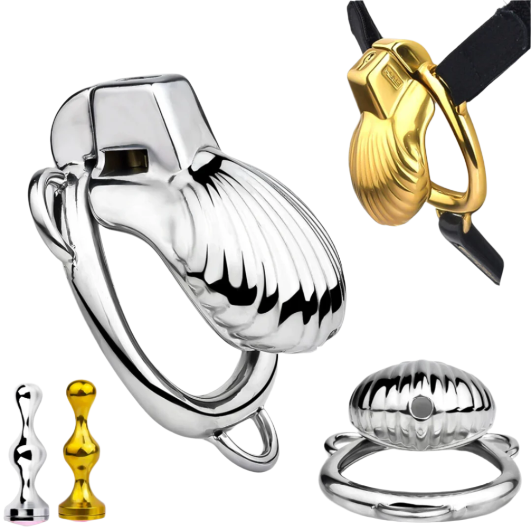 Small Metal Shell Chastity Cage with Butt Plug & Adjustable 3-Way Belt