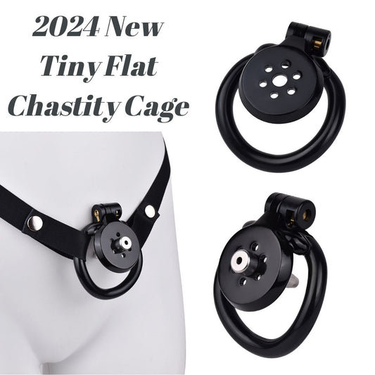 Flat Chastity Cage with Removable Metal Catheter and Strap - Black