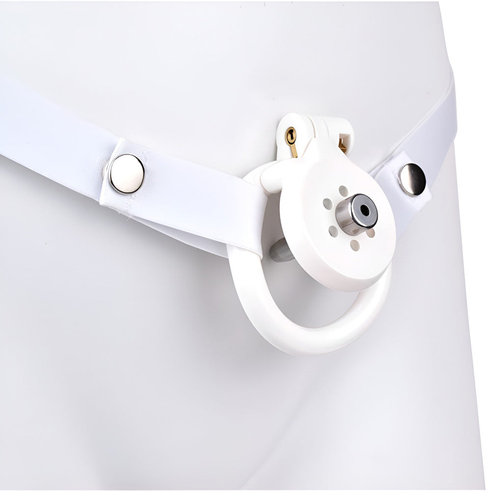 Flat Chastity Cage with Metal Urethral Plug and Elastic Belt - White