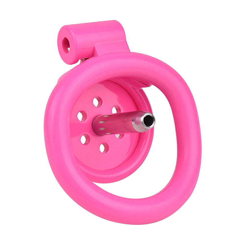 Pink Flat Cock Cage with Metal Urethral Catheter and Elastic Strap