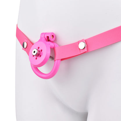 Pink Flat Cock Cage with Metal Urethral Catheter and Elastic Strap