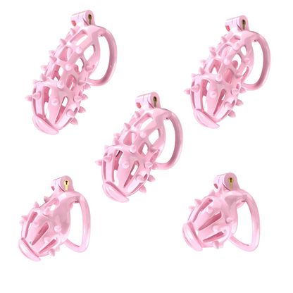 pink spiked chastity cages in 5 sizes