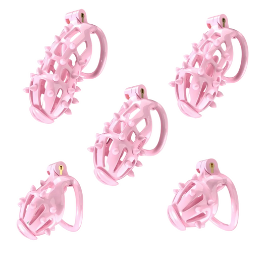 pink spiked chastity cages in 5 sizes