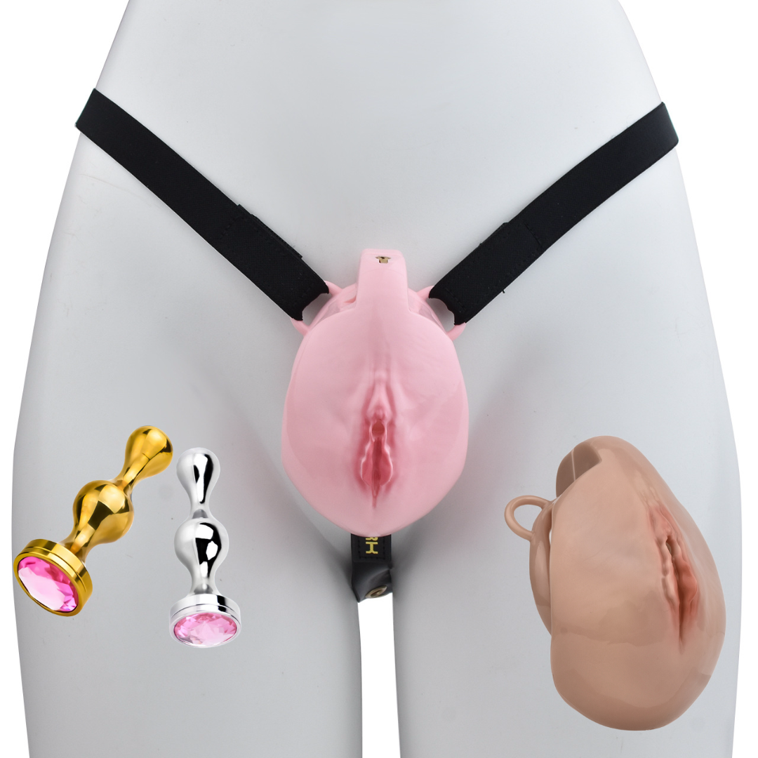 Vagina Shaped Sissy Chastity Cage with Anal Plug Sissygasm Pink Chastity Device