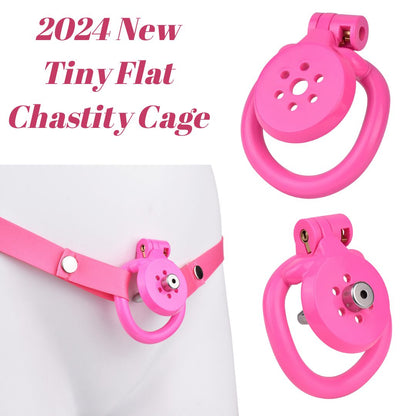 Pink Flat Cock Cage with Metal Urethral Catheter and Elastic Strap