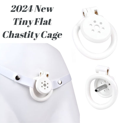 Flat Chastity Cage with Metal Urethral Plug and Elastic Belt - White