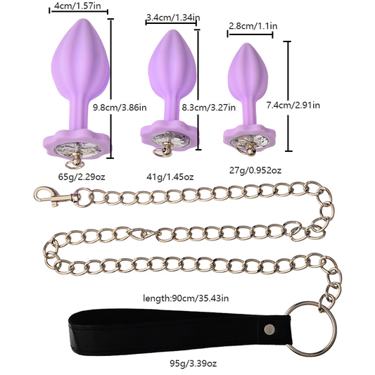 Lilafarbenes Analplug-Set aus Silikon mit Leine
