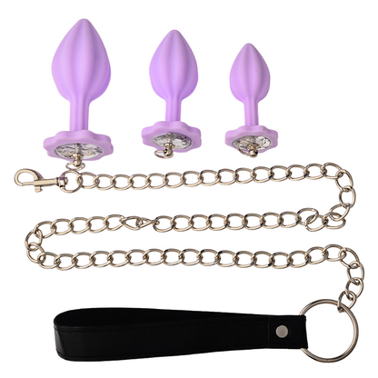 Lilafarbenes Analplug-Set aus Silikon mit Leine