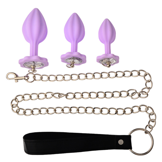 Lilafarbenes Analplug-Set aus Silikon mit Leine