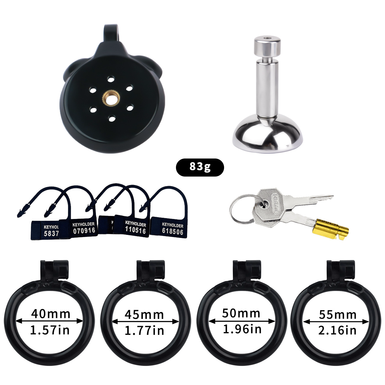 Lightweight Chastity Cage with Removable Silim Inverted Plug and 4 Cock Rings