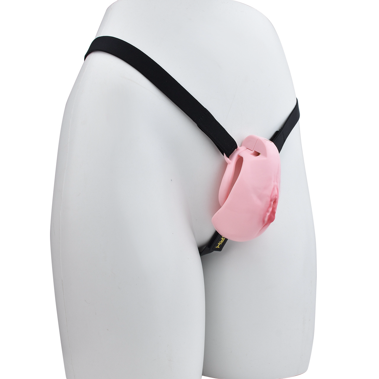 Vagina Shaped Pink Sissy Chastity Cage with Anal Plug and Elastic Strap Belt