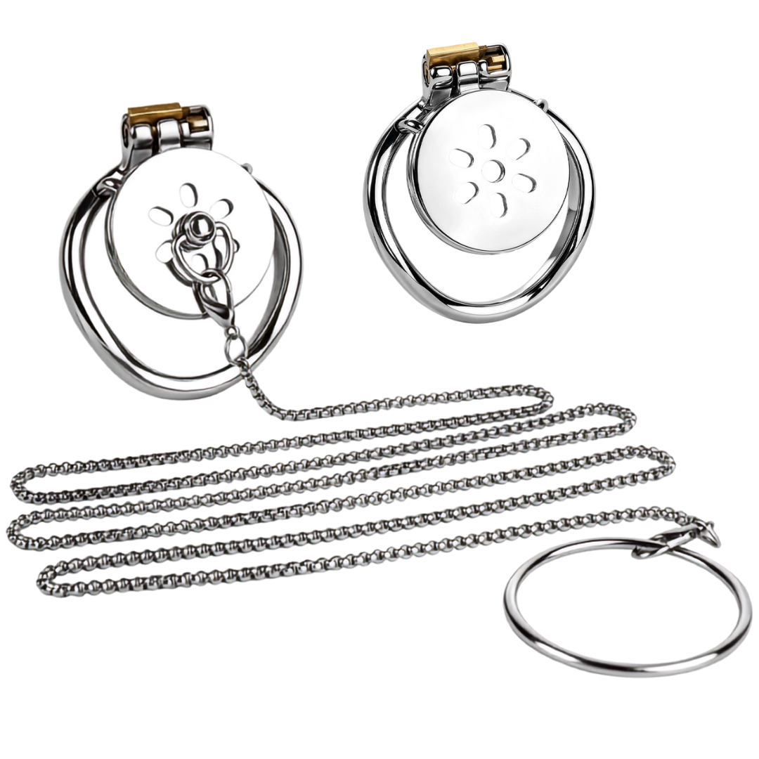 Flat Metal Chastity Device for Men with Detachable Chain Leash
