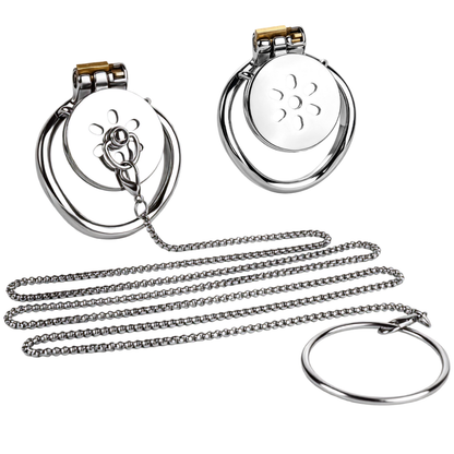 Flat Metal Chastity Device for Men with Detachable Chain Leash