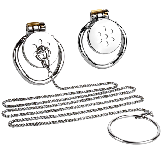 Dispositif de chasteté en métal plat pour homme avec laisse de chaîne détachable