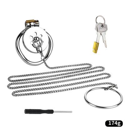 Flat Metal Chastity Device for Men with Detachable Chain Leash