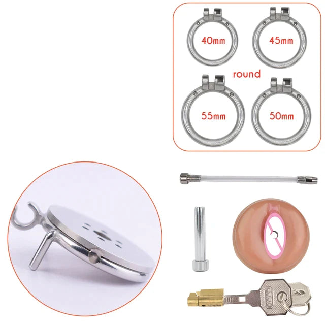 3 in 1 Realistic Clit Chastity Cage with Detachable Silicone/Metal Catheter Metal Flat Chastity Device For Sissy