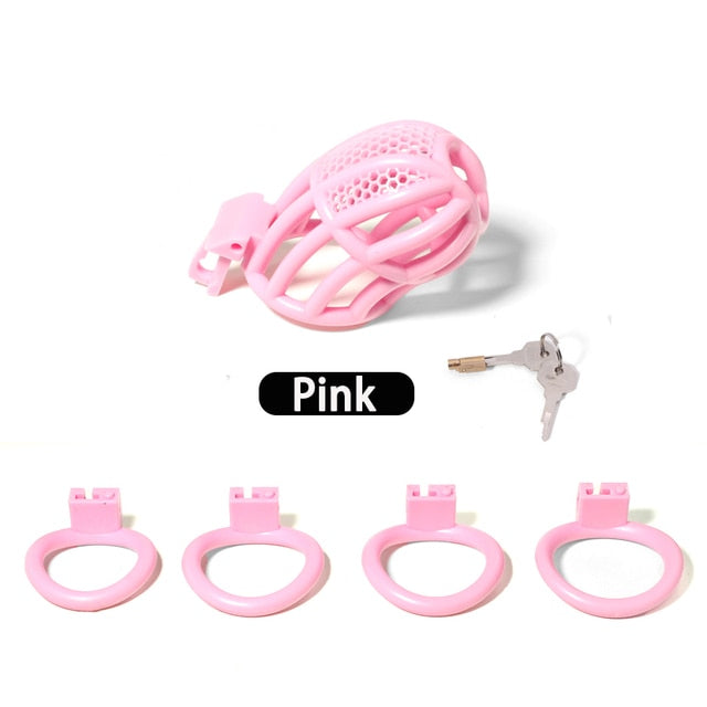Pink Chastity Cage Detained Restrictive Locking With 4 Base Ring - KeepMeLocked