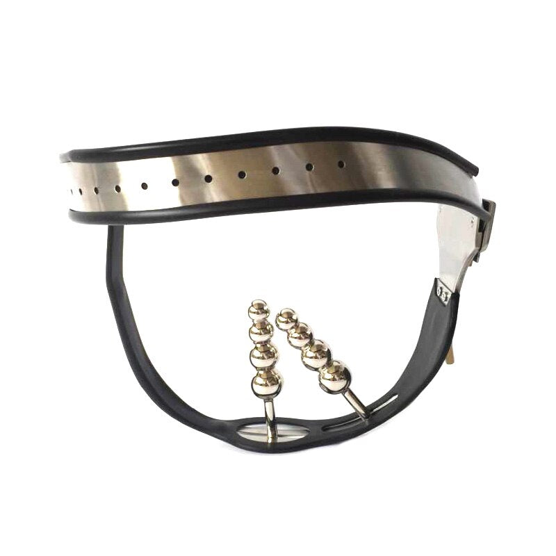 Women's Chastity Belt with Stainless Steel Shield and Anal Vaginal Plug Beads - KeepMeLocked