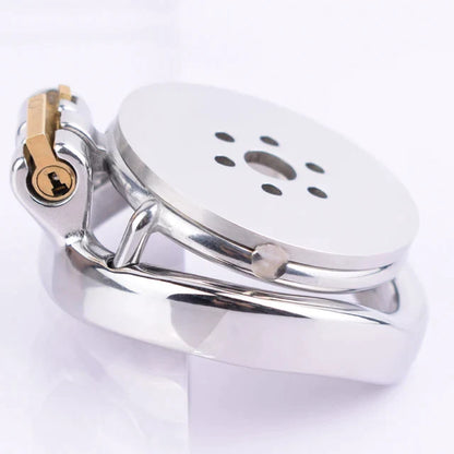Metal Flat Chastity Cage with Detachable Silicone/Metal Catheter and PU Belt