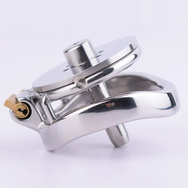 Metal Flat Chastity Cage with Detachable Silicone/Metal Catheter and PU Belt