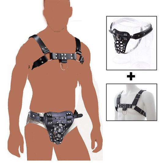 PU Leather Male Sexy Chastity Bondage and Chastity Underwear - Lock Adult Erotic Penis Cage Cock Rings - KeepMeLocked