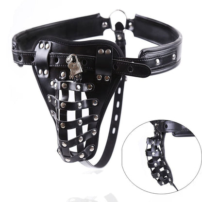 PU Leather Male Sexy Chastity Bondage and Chastity Underwear - Lock Adult Erotic Penis Cage Cock Rings - KeepMeLocked