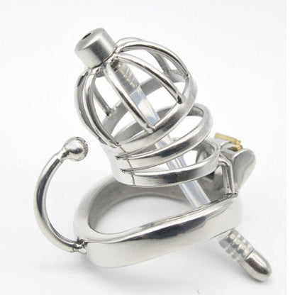 Male Chastity Cock Cage: Stainless Steel Hollow Breathable Sleeve with Urinary Catheter Tube Lock - KeepMeLocked