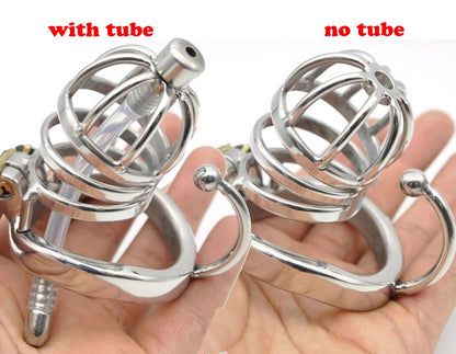 Male Chastity Cock Cage: Stainless Steel Hollow Breathable Sleeve with Urinary Catheter Tube Lock - KeepMeLocked