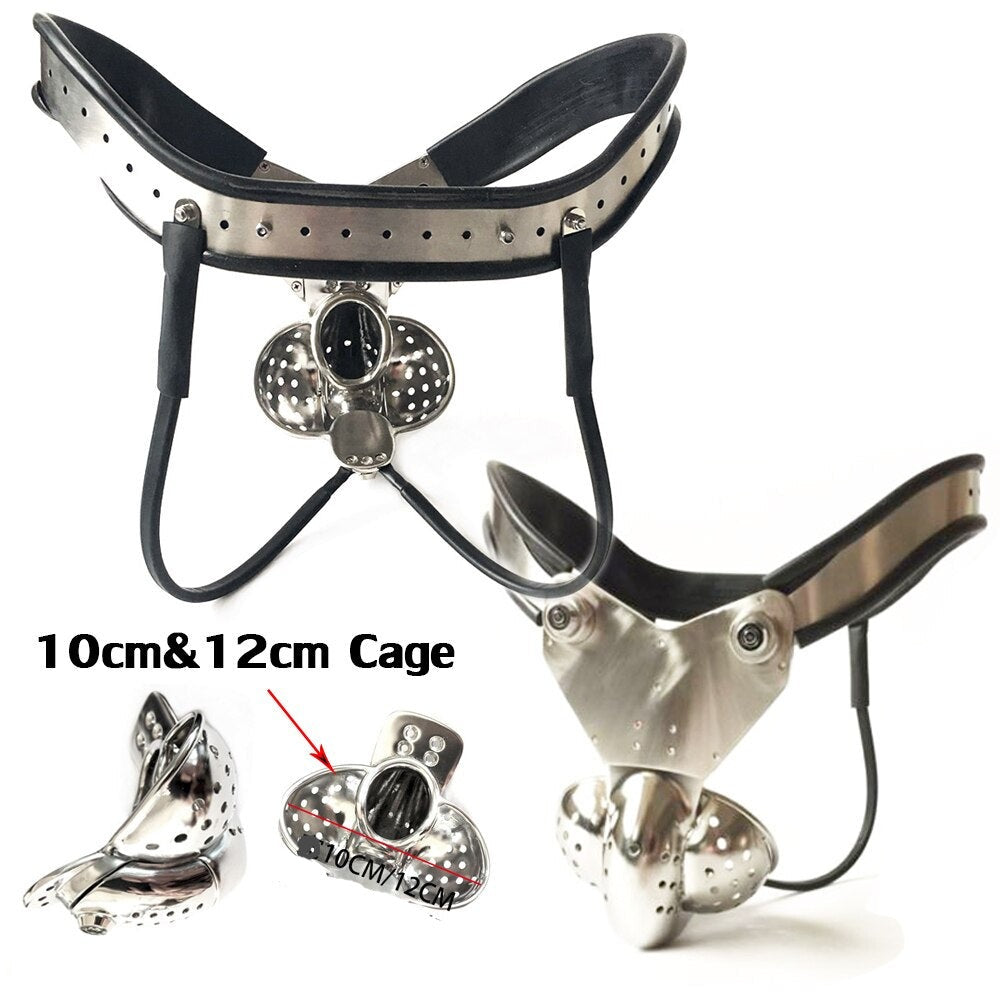 BDSM Restraint: Male Chastity Belt with Double-Wire Locking Panties, Curved Waist, and Scrotum Cage - KeepMeLocked