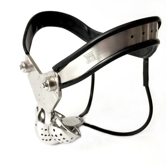 BDSM Restraint: Male Chastity Belt with Double-Wire Locking Panties, Curved Waist, and Scrotum Cage - KeepMeLocked