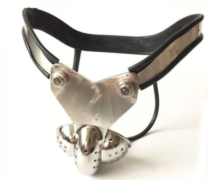 BDSM Restraint: Male Chastity Belt with Double-Wire Locking Panties, Curved Waist, and Scrotum Cage - KeepMeLocked