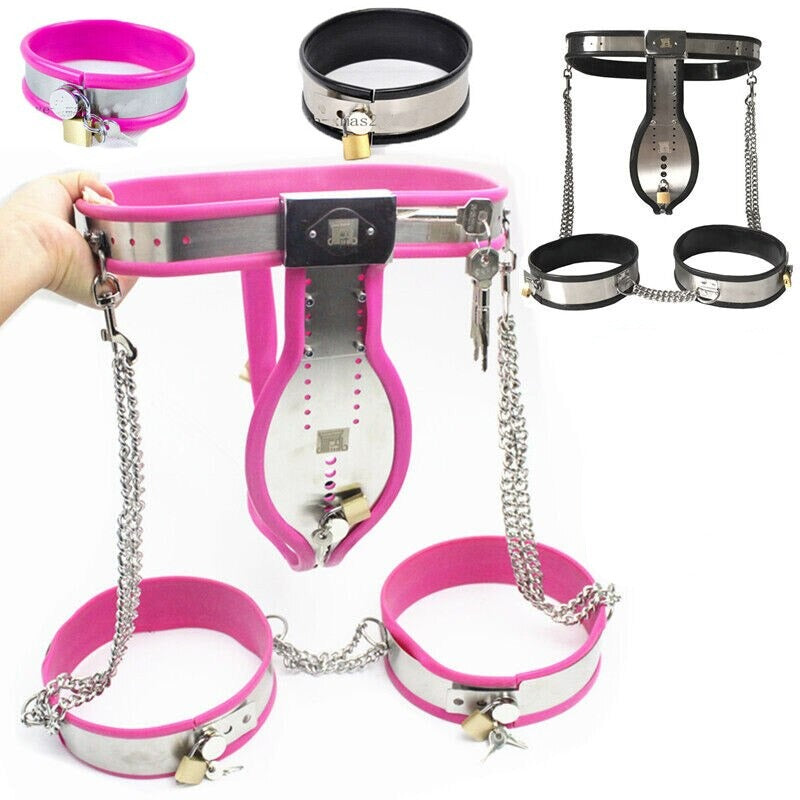 Stainless Steel Male Chastity Belt with T-Belt Device, Neck Collar, Thigh Ring, and Scrotum Restraint - KeepMeLocked